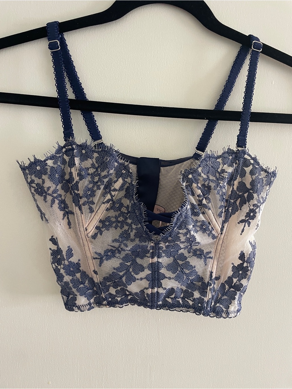 Y2K Victoria Secret Lace Appliqué Bustier Crop Top - Navy on Cream XS S